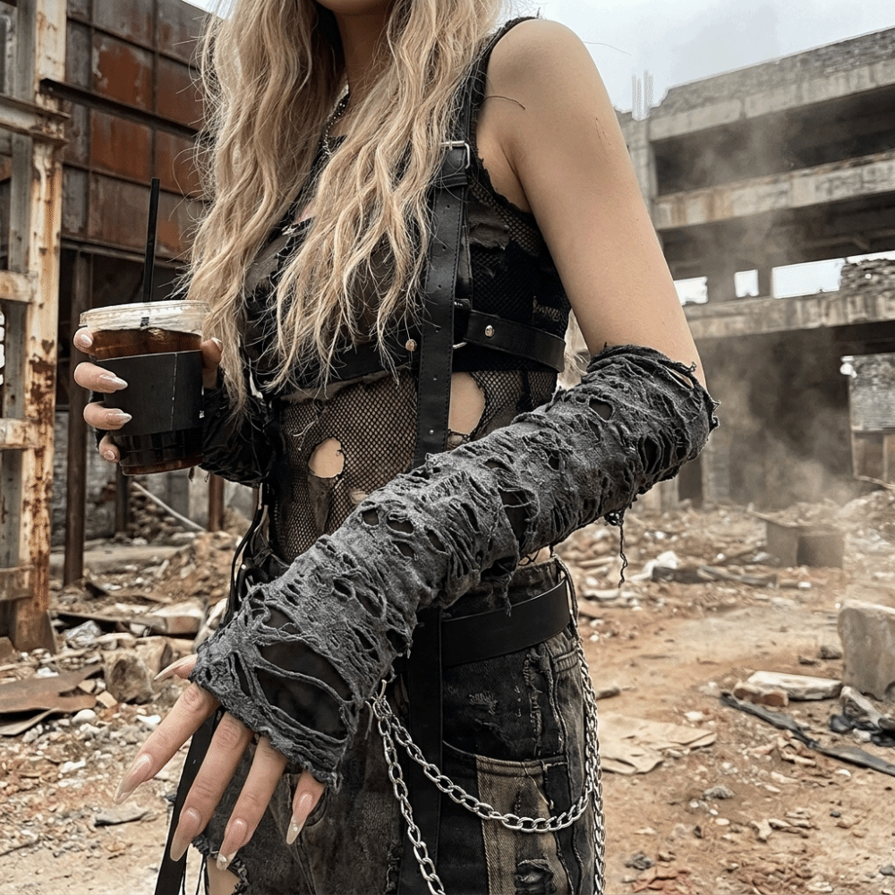 Vintage Long Punk Gloves Dark  - Fingerless Glove Knit avaliação e preço
