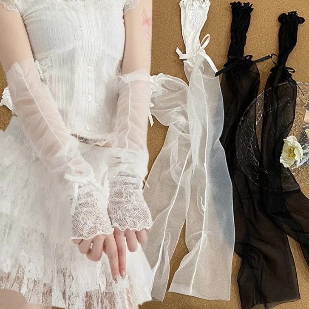 Y2K Lace Ruffle Mesh Gloves Bo - Fingerless Glove Knit avaliação e preço