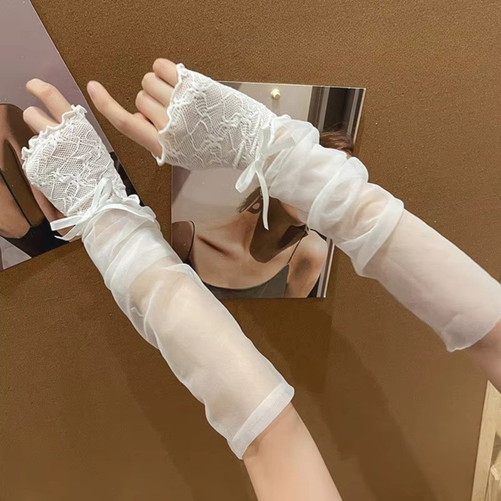 Y2K Lace Ruffle Mesh Gloves Bo - Fingerless Glove Knit avaliação e preço